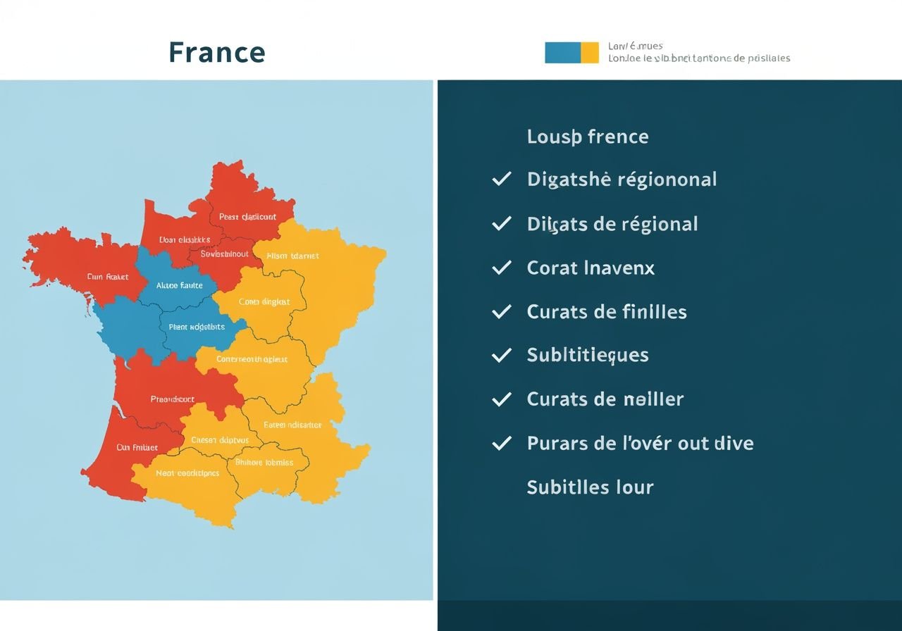 Carte de France avec zones régionales d'abonnement IPTV et options de langues disponibles.