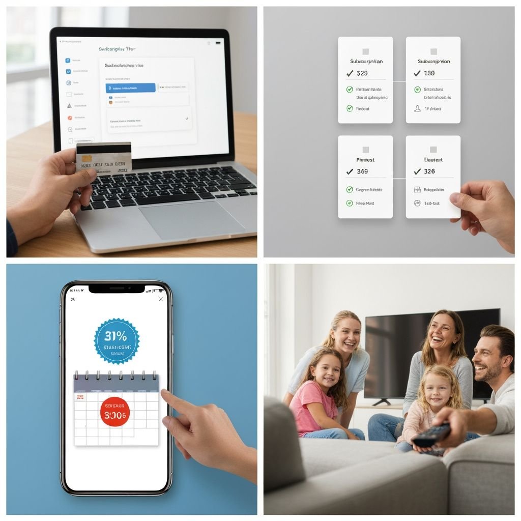 Grille de quatre images montrant les options d'abonnement IPTV, les prix, les offres et la visualisation sur Smart TV