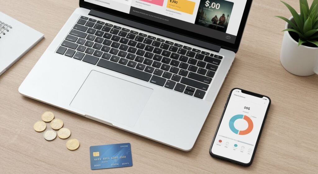 Comparaison de tarifs IPTV sur un ordinateur portable avec pièces et carte bancaire
