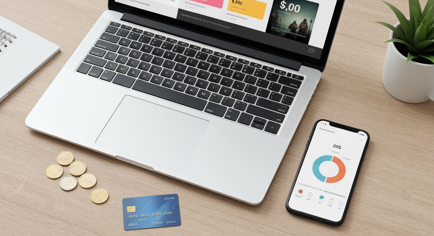 Comparaison de tarifs IPTV sur un ordinateur portable avec pièces et carte bancaire