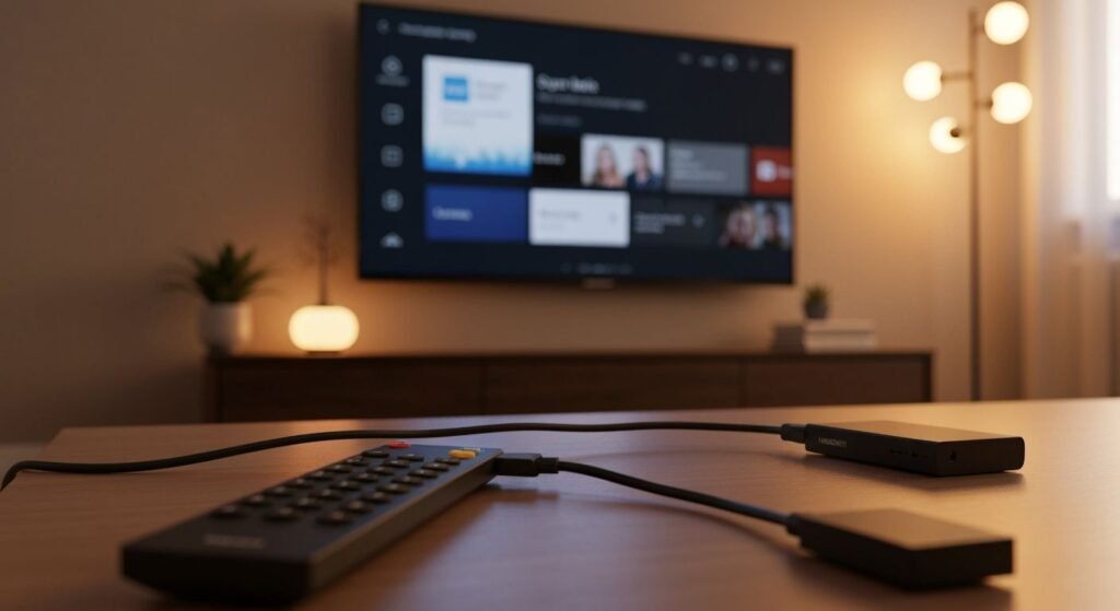 Boîtier IPTV connecté à un téléviseur moderne avec interface de streaming générique affichée