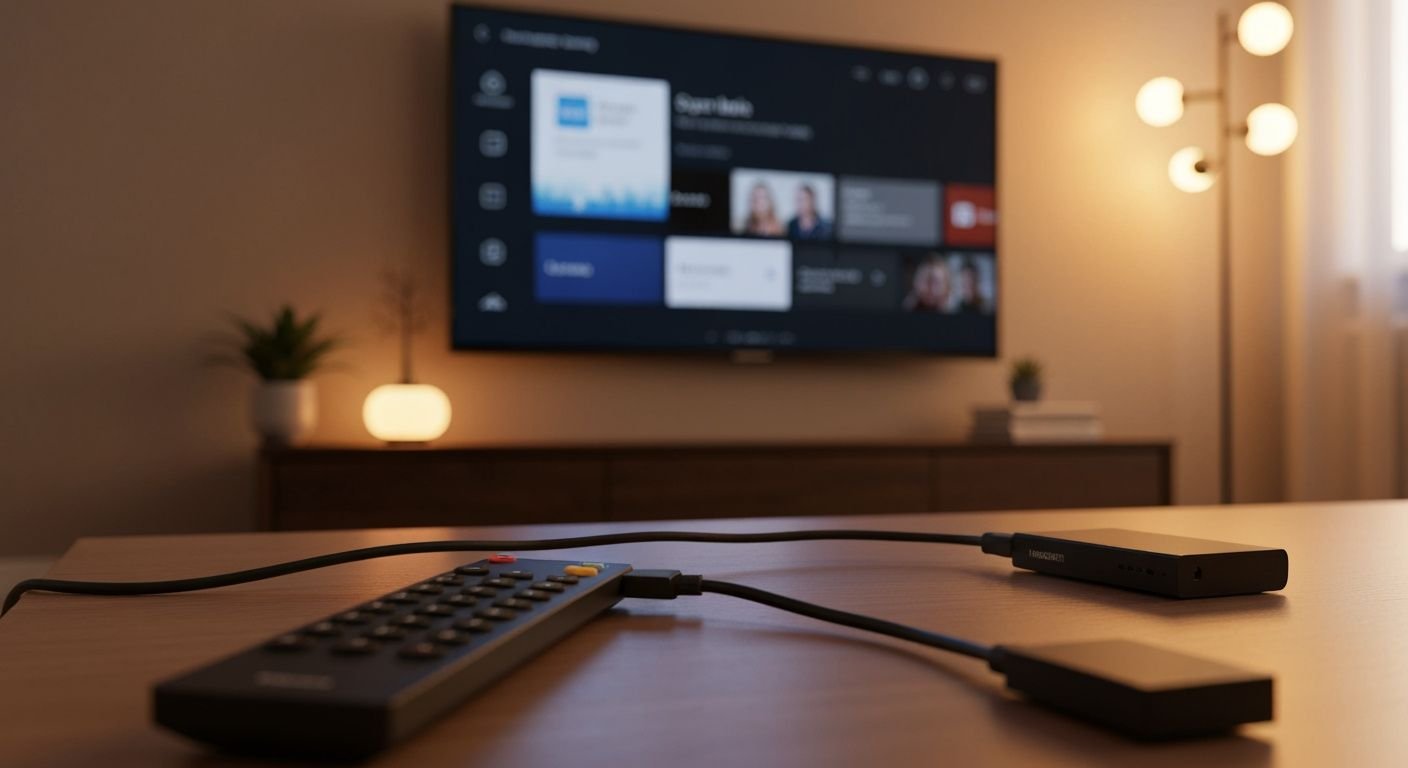 Boîtier IPTV connecté à un téléviseur moderne avec interface de streaming générique affichée
