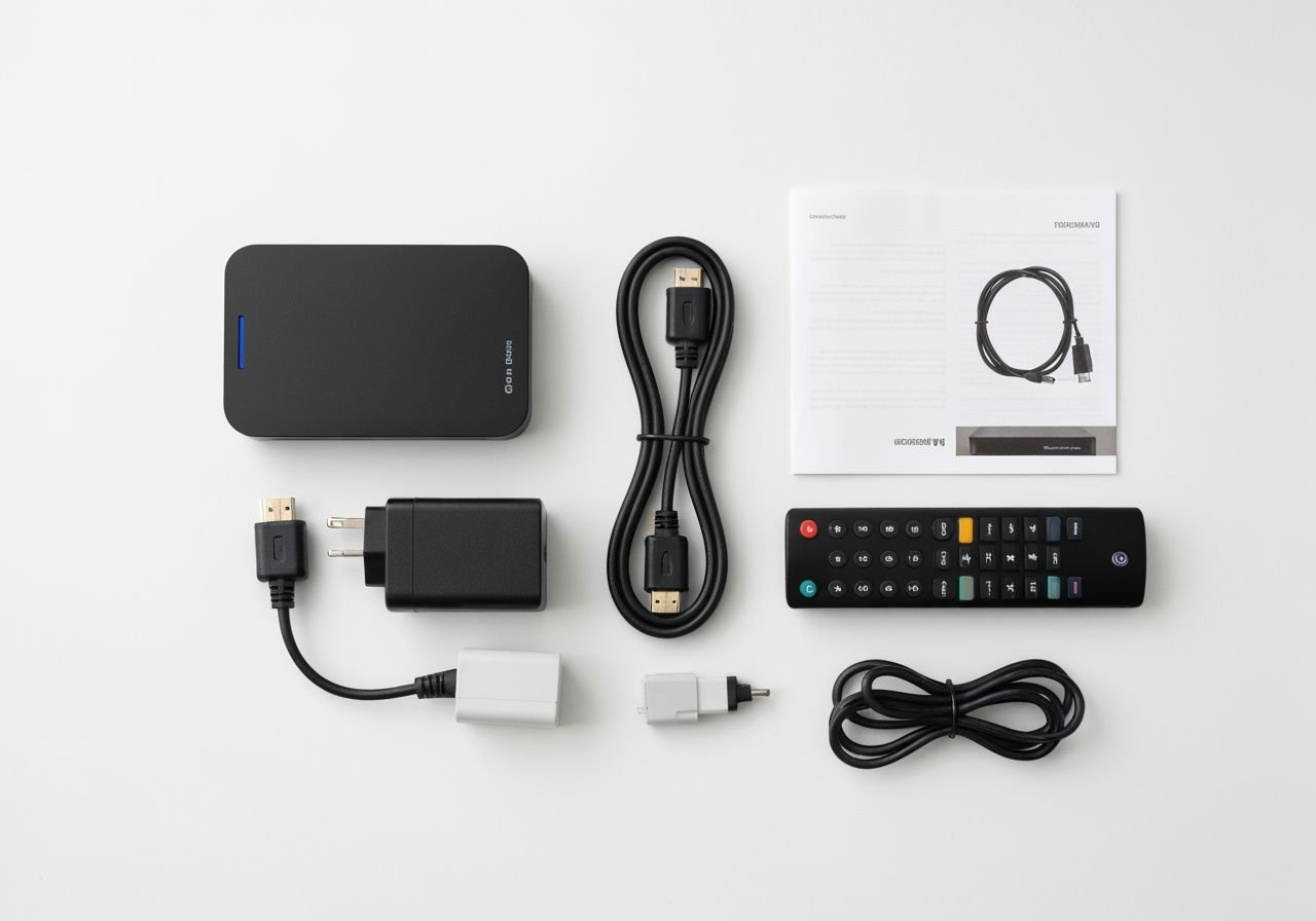 Composants de configuration d'un boîtier IPTV : câbles, adaptateur et télécommande en vue de dessus