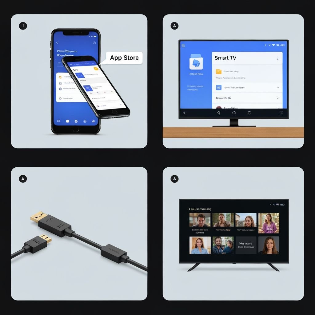 Quatre étapes d'installation : téléchargement, accueil TV, connexion HDMI et lecture