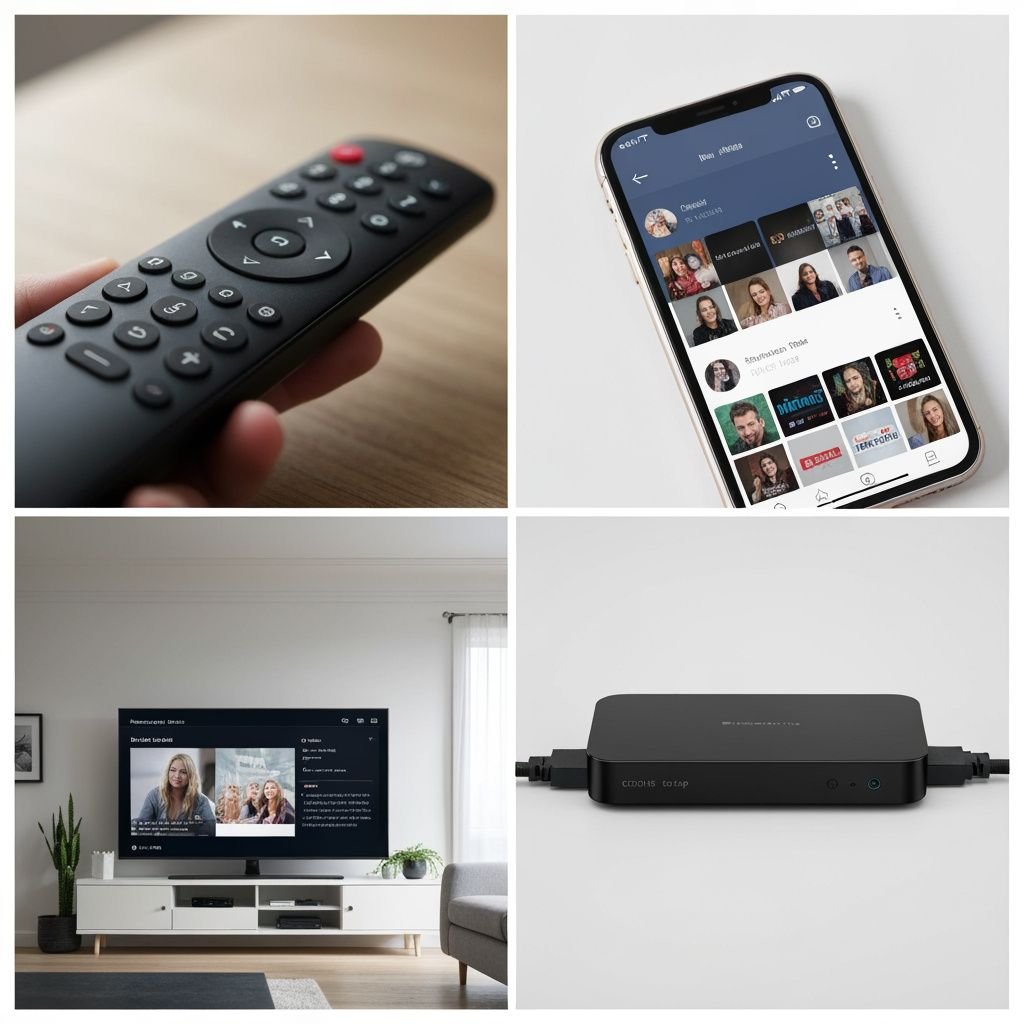 Quatre étapes : télécommande, application mobile, téléviseur moderne et lecteur multimédia connecté