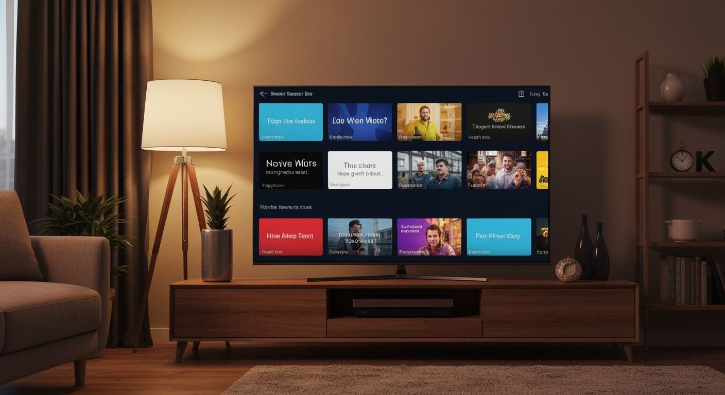Interface de streaming sur Smart TV affichant plusieurs chaînes et options de contenu en direct