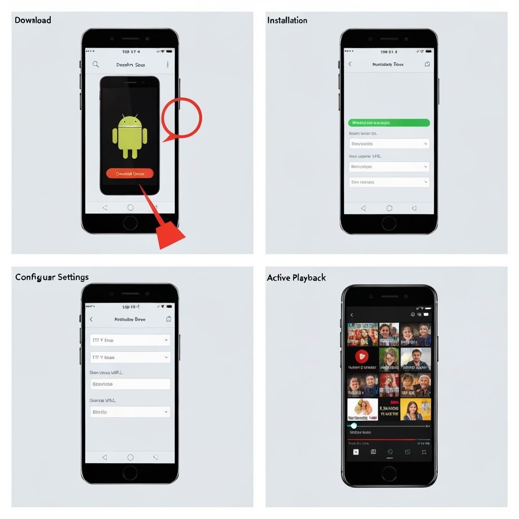 Tutoriel en quatre étapes : recherche app, installation, configuration et lecture IPTV sur mobile.