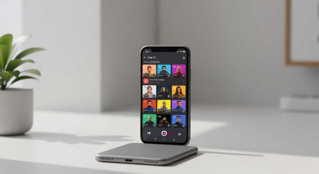 Application lecteur IPTV sur écran Android avec interface de chaînes TV et contrôles de lecture.