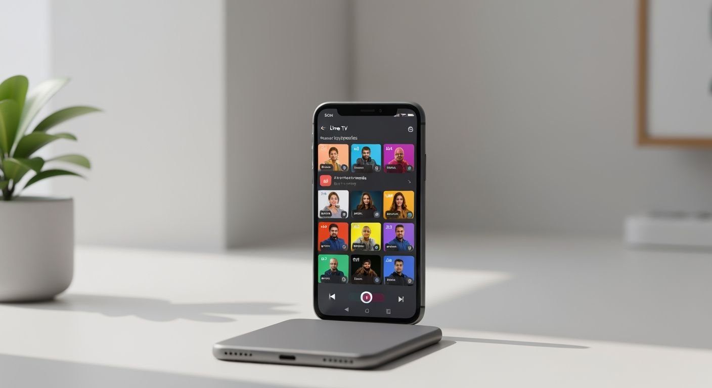 Application lecteur IPTV sur écran Android avec interface de chaînes TV et contrôles de lecture.