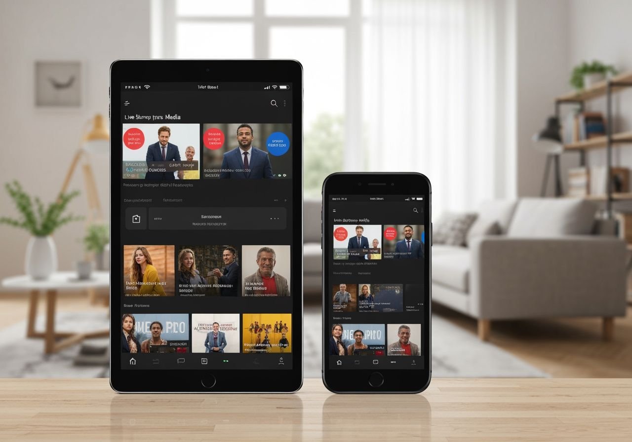 Lecteur IPTV fonctionnant simultanément sur tablette et smartphone avec contenu en direct.