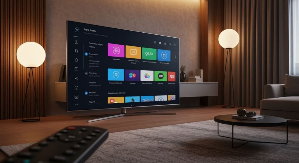 Téléviseur intelligent moderne affichant une interface de streaming avec applications disponibles dans un salon contemporain