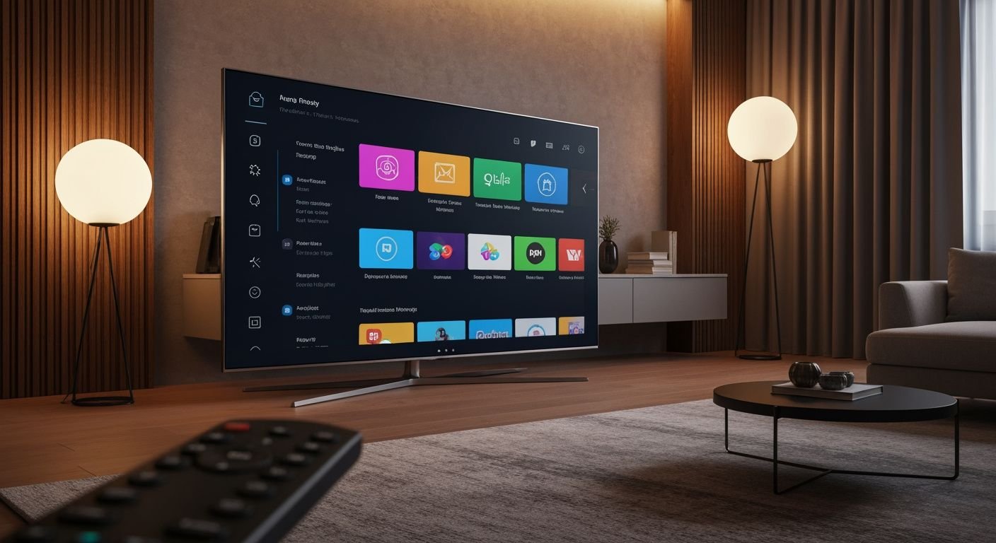 Téléviseur intelligent moderne affichant une interface de streaming avec applications disponibles dans un salon contemporain