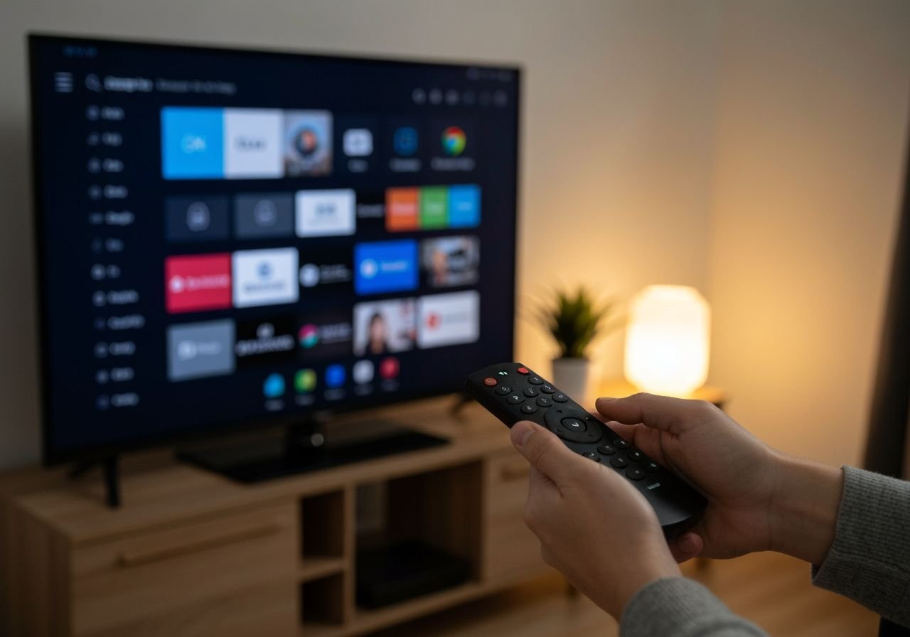 Utilisateur naviguant dans les applications de streaming sur un téléviseur intelligent