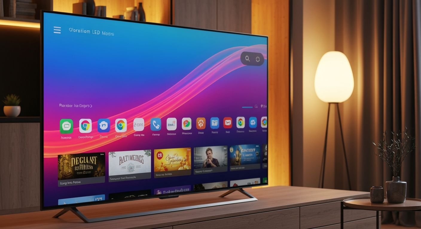 Smart TV LED moderne affichant une interface de streaming générique dans un salon contemporain