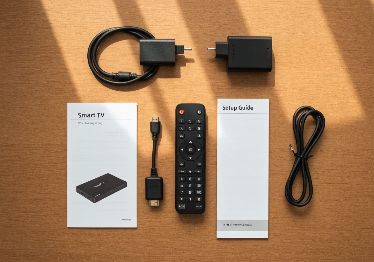 Accessoires de configuration Smart TV : télécommande, câbles HDMI et guide d'installation