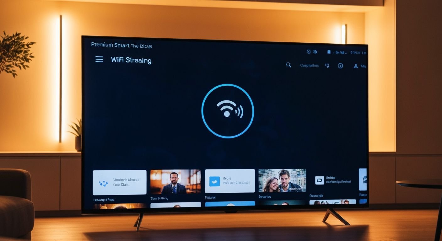 Smart TV moderne affichant une interface de streaming avec connexion WiFi dans un salon contemporain