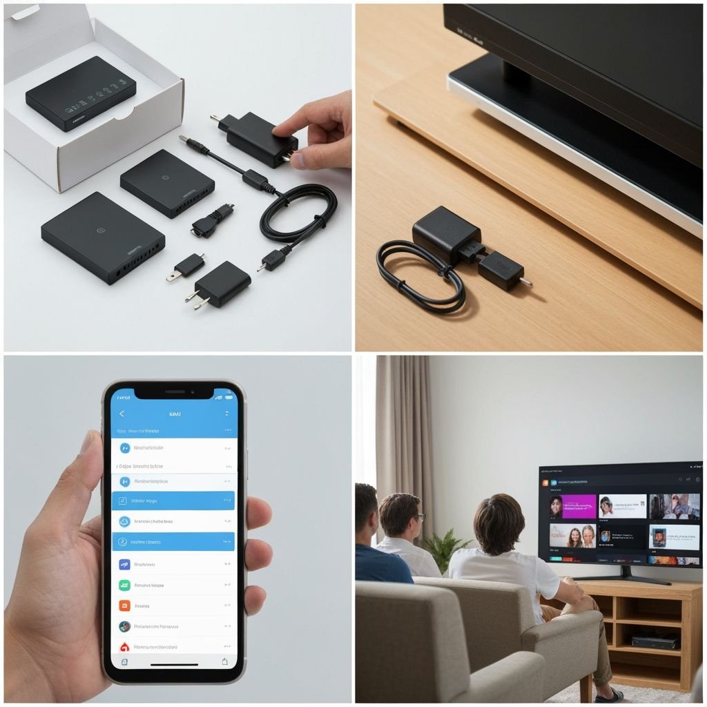 Guide d'installation Smartbox IPTV en quatre étapes : déballage, connexion, configuration et visionnage.
