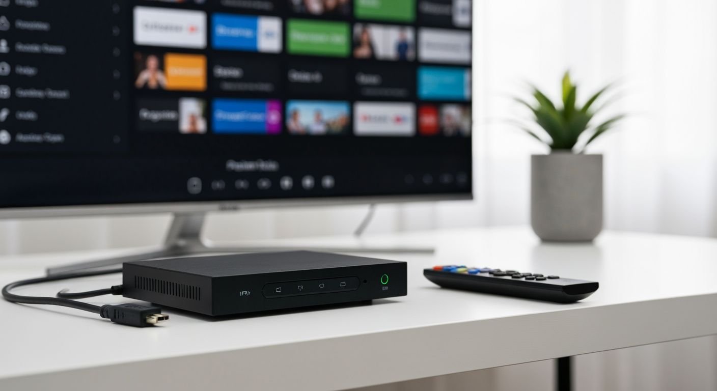 Décodeur IPTV Smartbox connecté à un téléviseur moderne avec télécommande et interface de streaming.