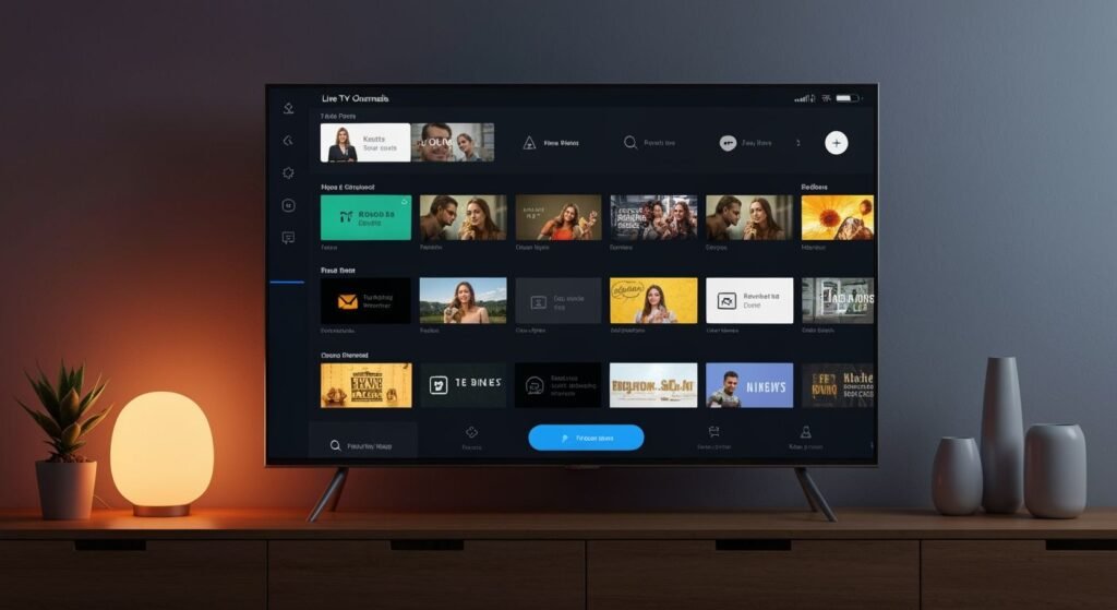 Interface de lecteur multimédia IPTV affichée sur un téléviseur moderne avec guide des chaînes