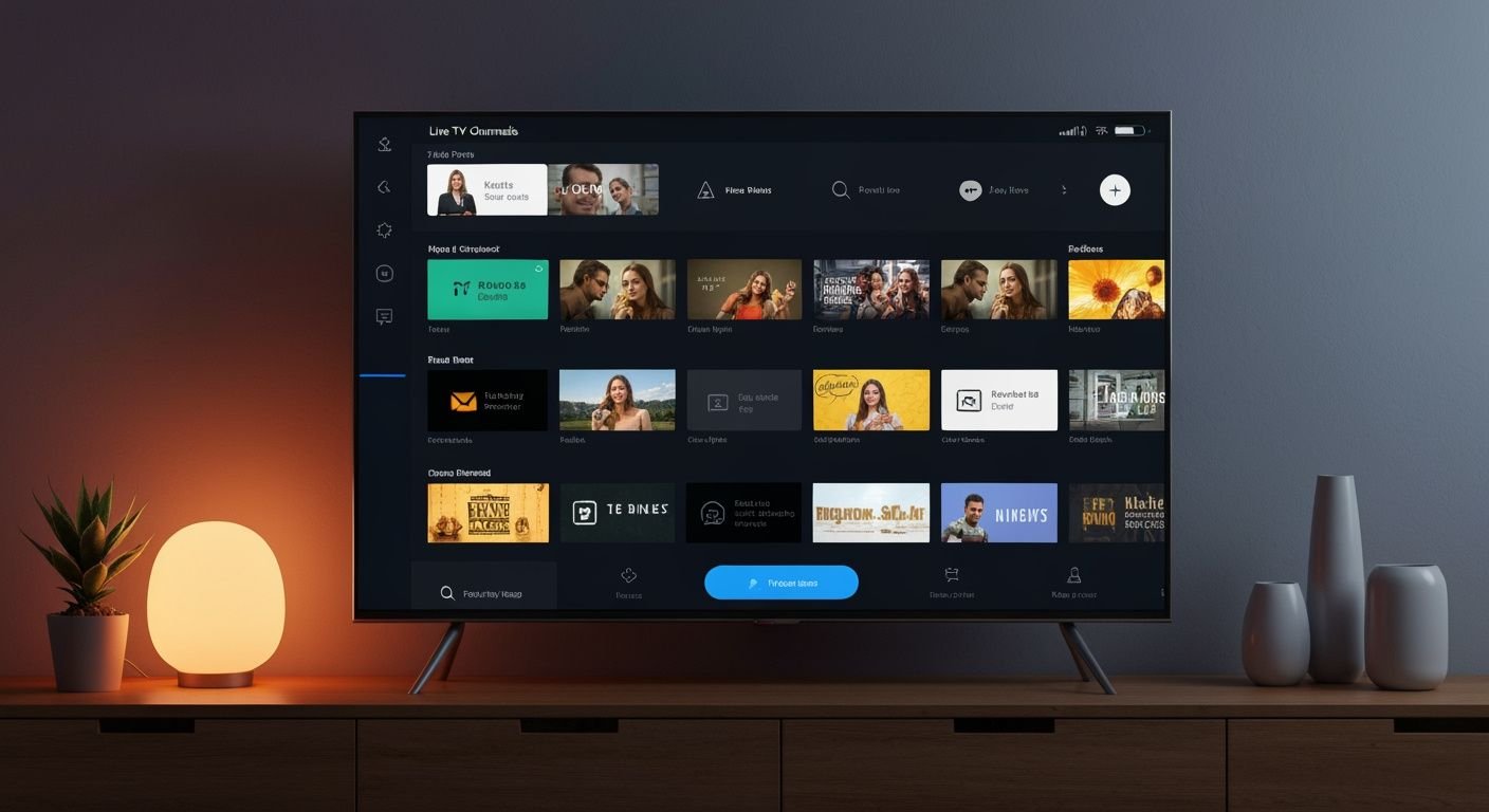 Interface de lecteur multimédia IPTV affichée sur un téléviseur moderne avec guide des chaînes