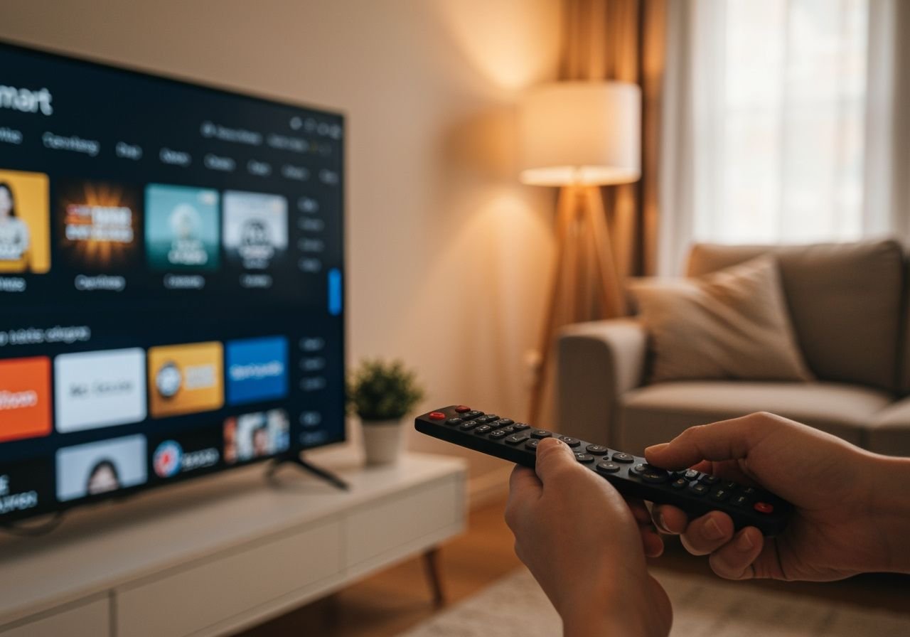 Télécommande pointée vers un téléviseur affichant une interface de streaming dans un salon confortable