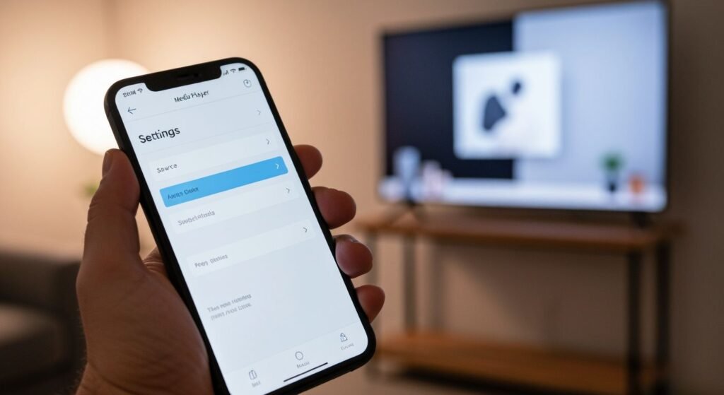 Configuration d'une source IPTV sur application lecteur multimédia avec menu paramètres visible