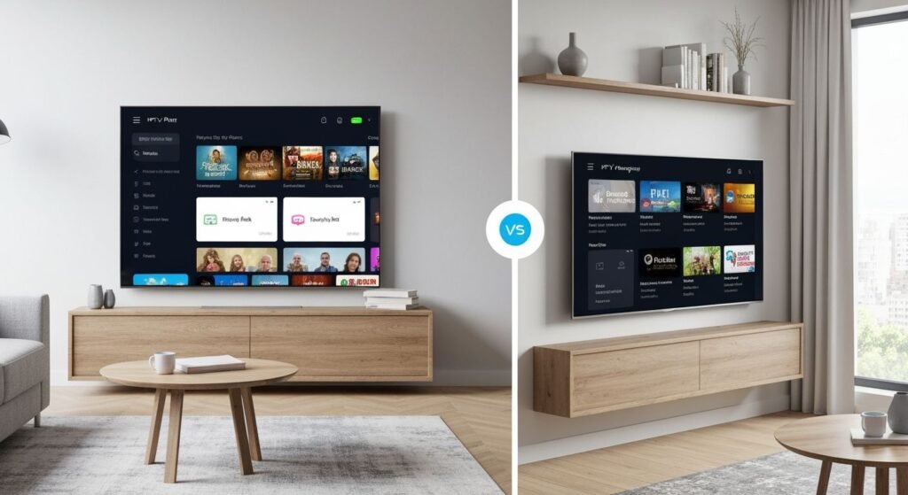 Télévision intelligente affichant une interface de streaming avec plusieurs options d'applications IPTV
