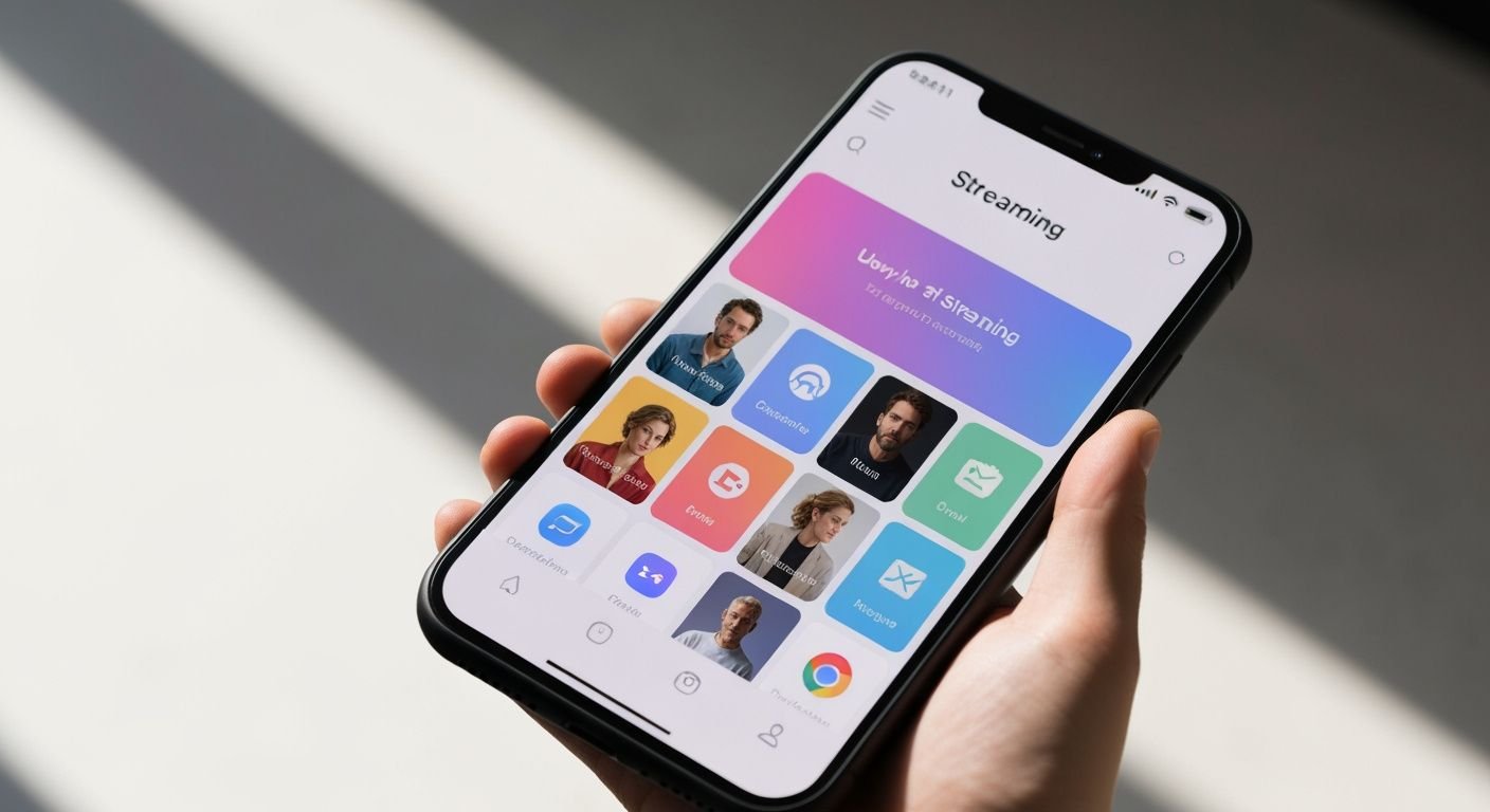 Smartphone affichant une interface d'application de streaming avec tuiles de contenu colorées et design épuré.