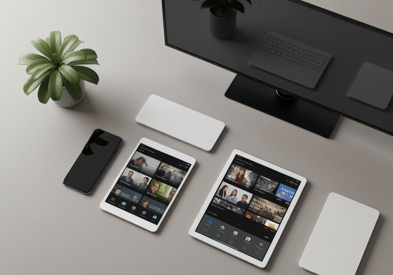 Composition montrant smartphone, tablette et Smart TV avec contenu de streaming sur les écrans.