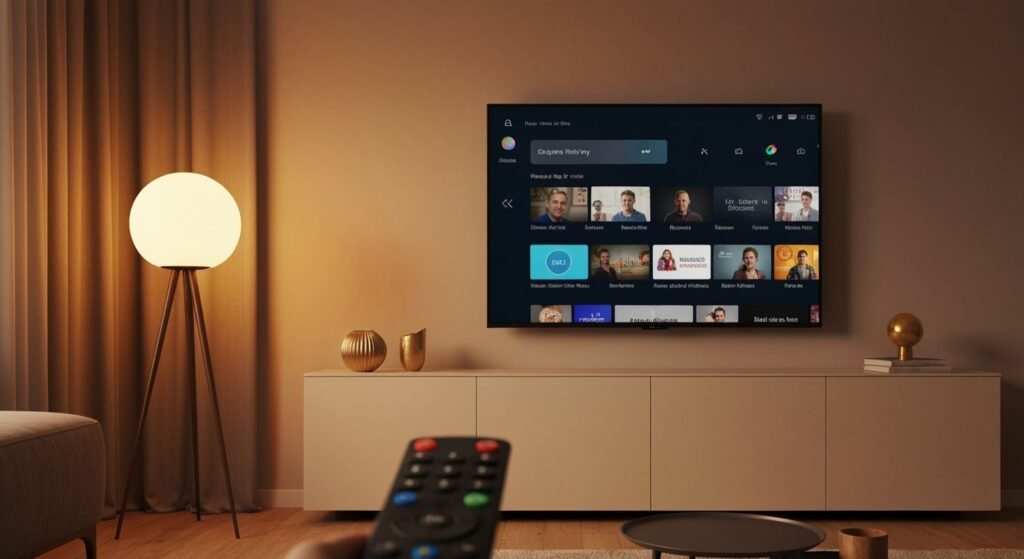 Téléviseur intelligent affichant une interface d'application de streaming dans un salon moderne