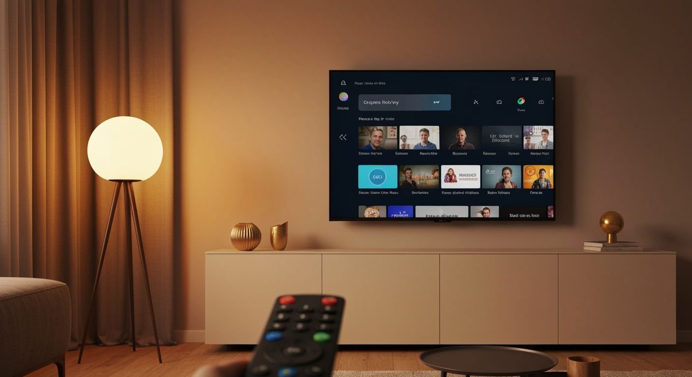 Téléviseur intelligent affichant une interface d'application de streaming dans un salon moderne
