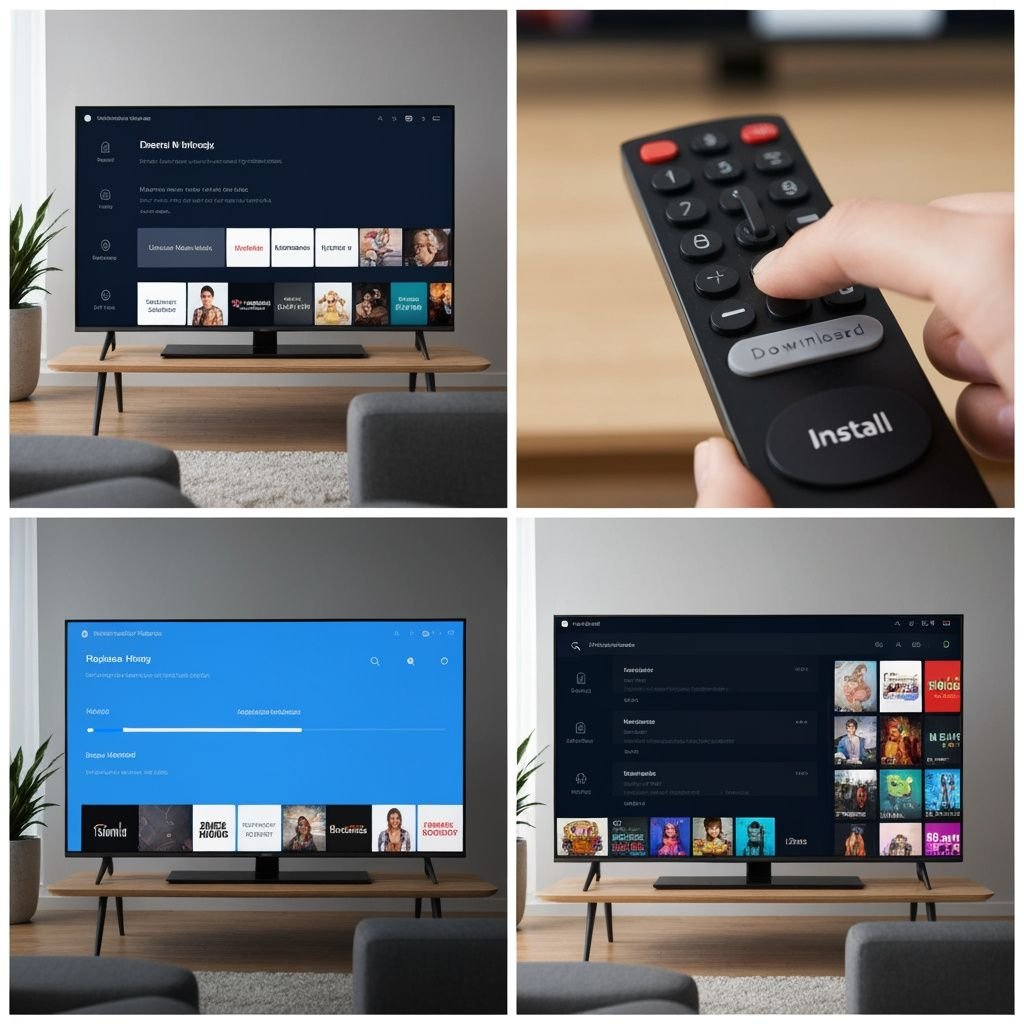 Quatre étapes d'installation d'une application IPTV sur Smart TV : affichage, télécommande, progression, résultat final