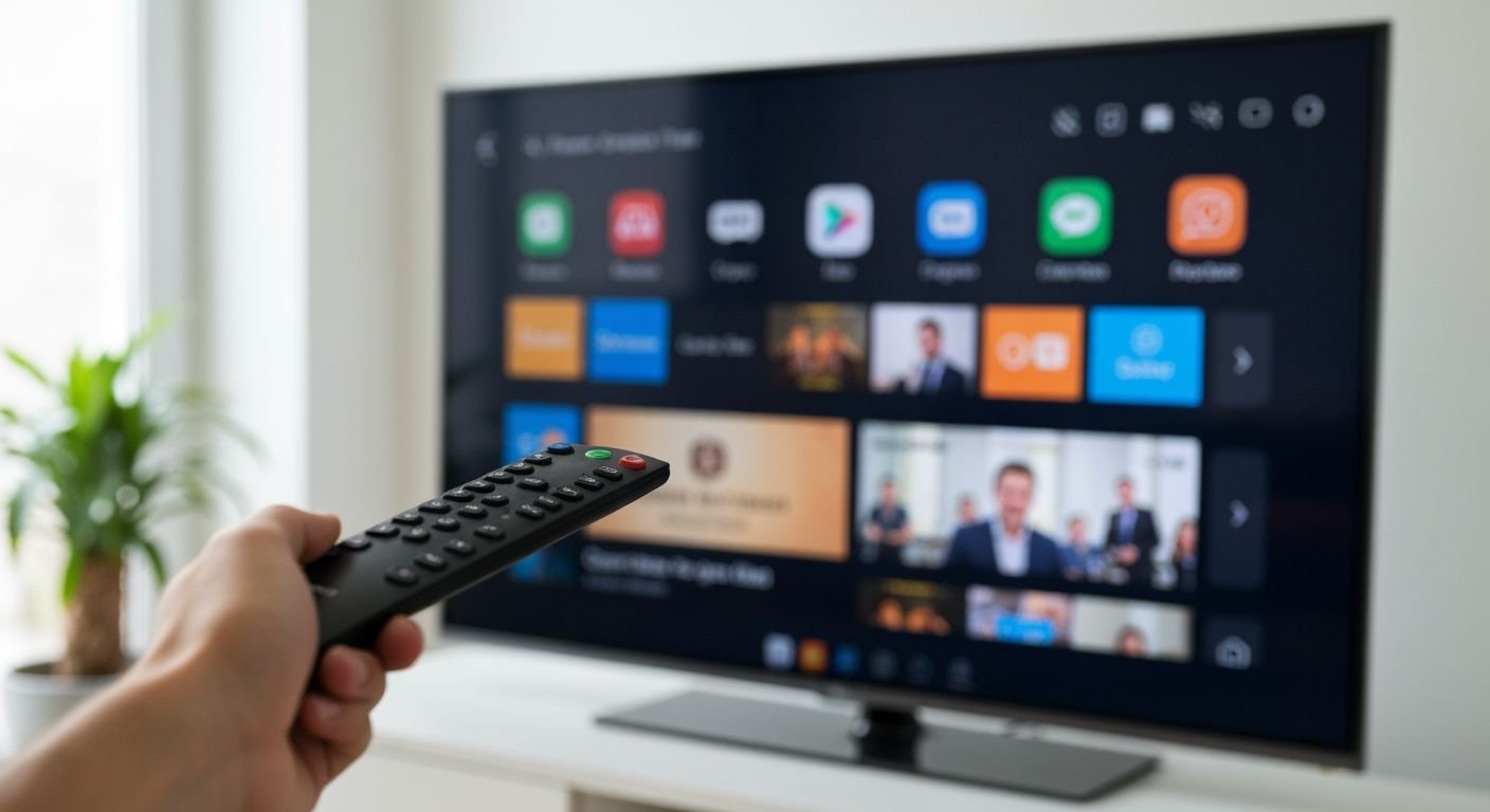 Télécommande pointée vers un Smart TV affichant une interface d'application de streaming