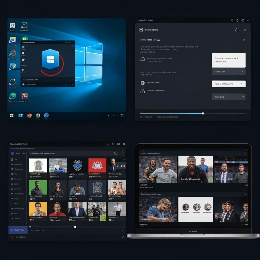 Quatre étapes d'installation et utilisation d'une application IPTV sur Windows : icône, assistant, interface et lecture