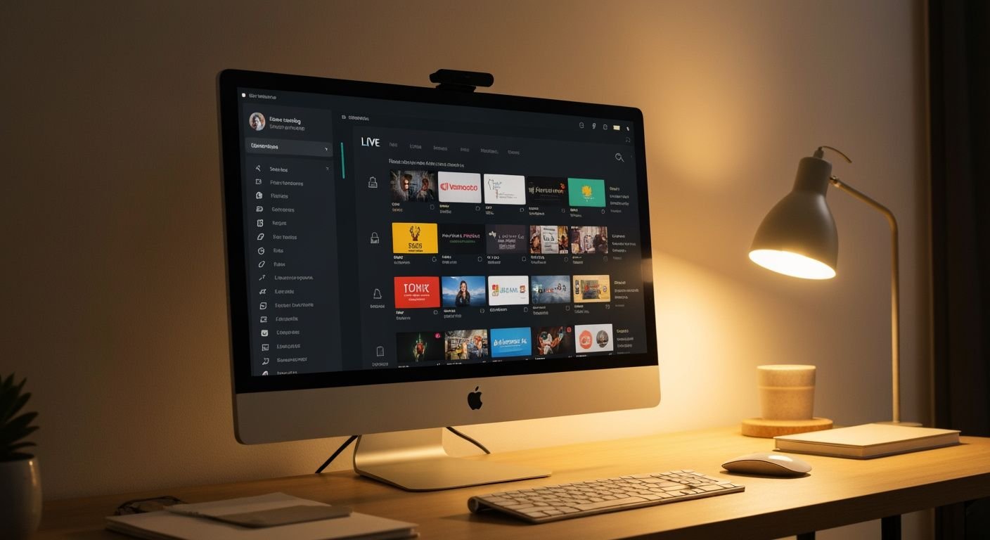 Ordinateur de bureau avec interface de lecteur IPTV affichant des chaînes en direct sur l'écran