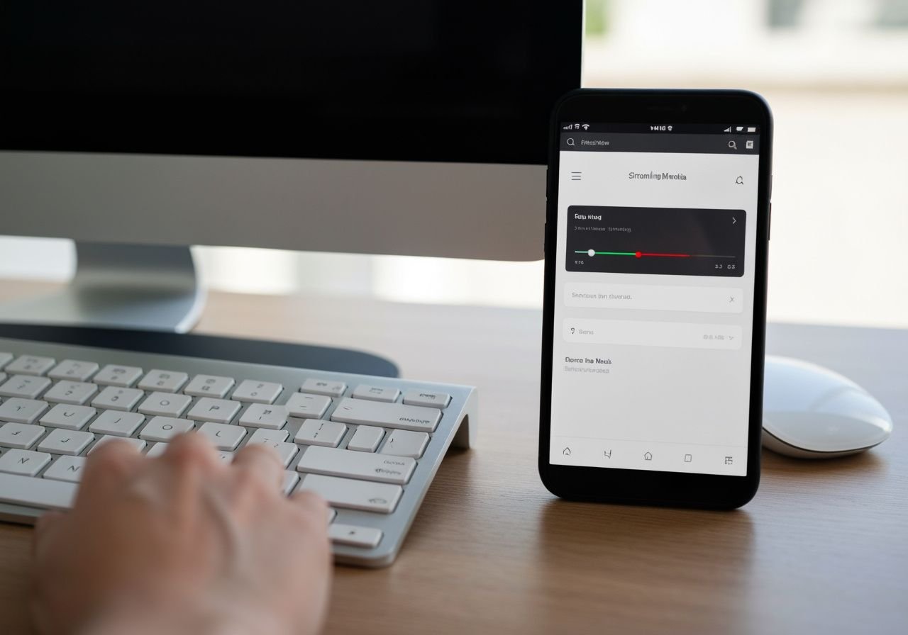 Clavier d'ordinateur et smartphone affichant la même application de streaming IPTV pour compatibilité multi-appareils