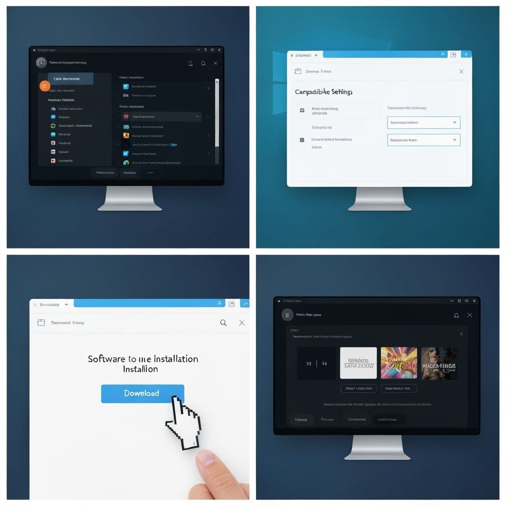 Quatre étapes d'installation IPTV sur PC : application, paramètres Windows, téléchargement et lancement du lecteur.