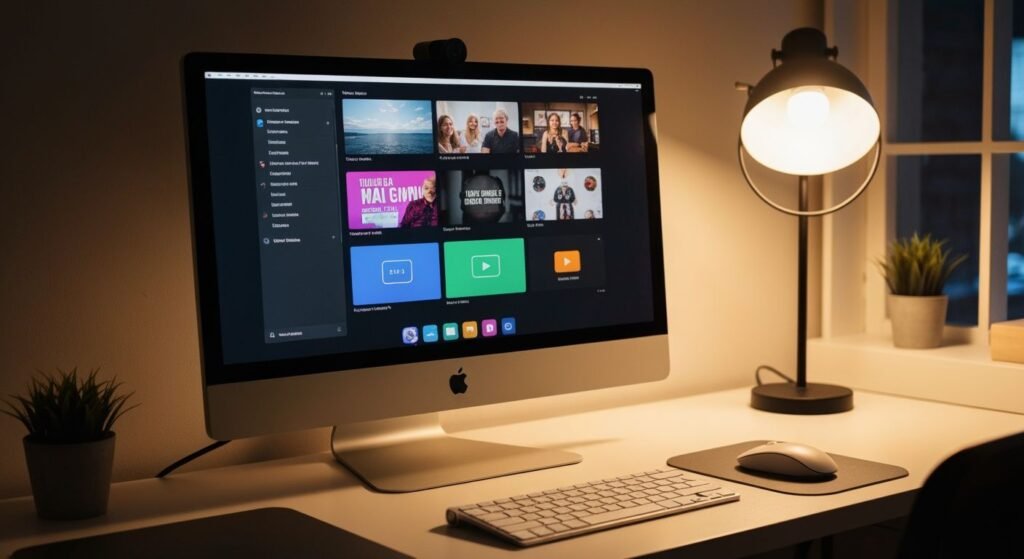 Ordinateur de bureau avec interface de streaming affichée sur l'écran principal dans un environnement de travail moderne.
