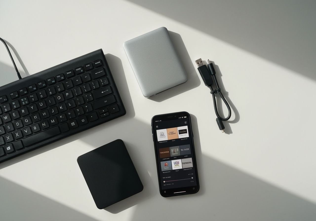 Accessoires de configuration PC pour streaming : clavier, disque dur externe et smartphone avec lecteur multimédia.