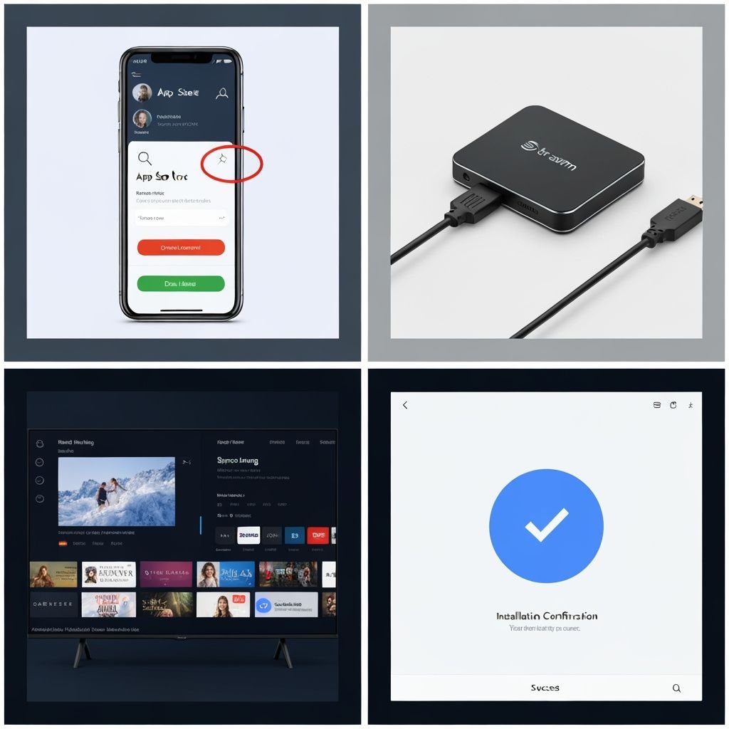 Quatre étapes d'installation : recherche app, appareil streaming, Smart TV, et confirmation succès