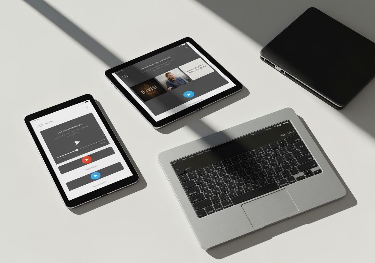 Smartphone, tablette et ordinateur portable affichant une application de streaming synchronisée