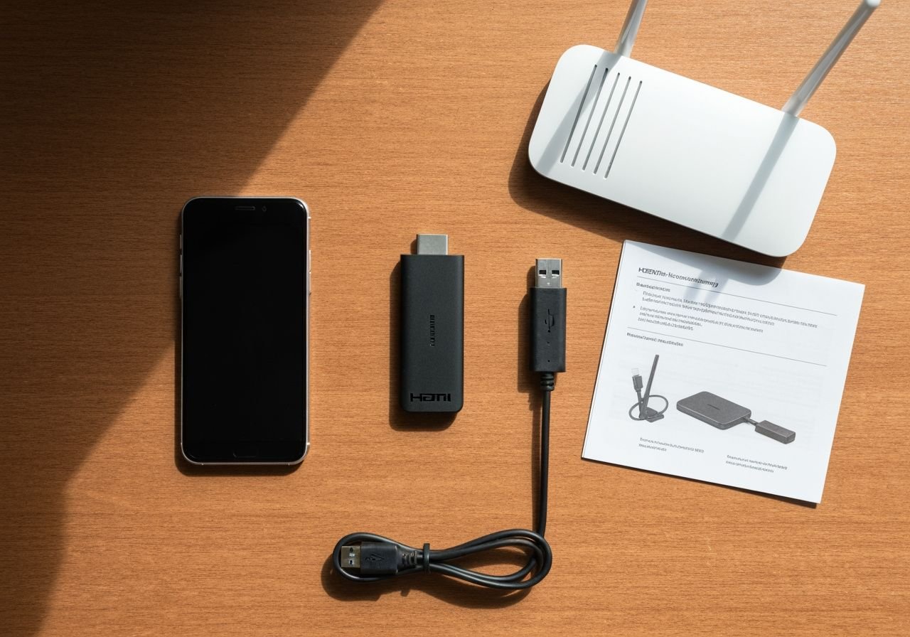 Mise en place d'équipement streaming : téléphone, boîtier HDMI, câbles et routeur sur bureau