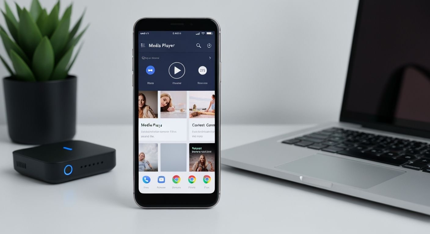Interface de lecteur multimédia sur smartphone Android avec contrôles de lecture et bibliothèque de contenu