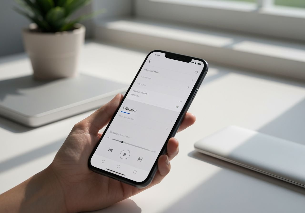 Mains tenant un smartphone affichant l'application lecteur multimédia avec menu de contenu actif