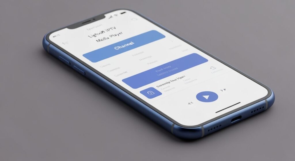 Application lecteur IPTV légère affichée sur écran de smartphone avec interface épurée