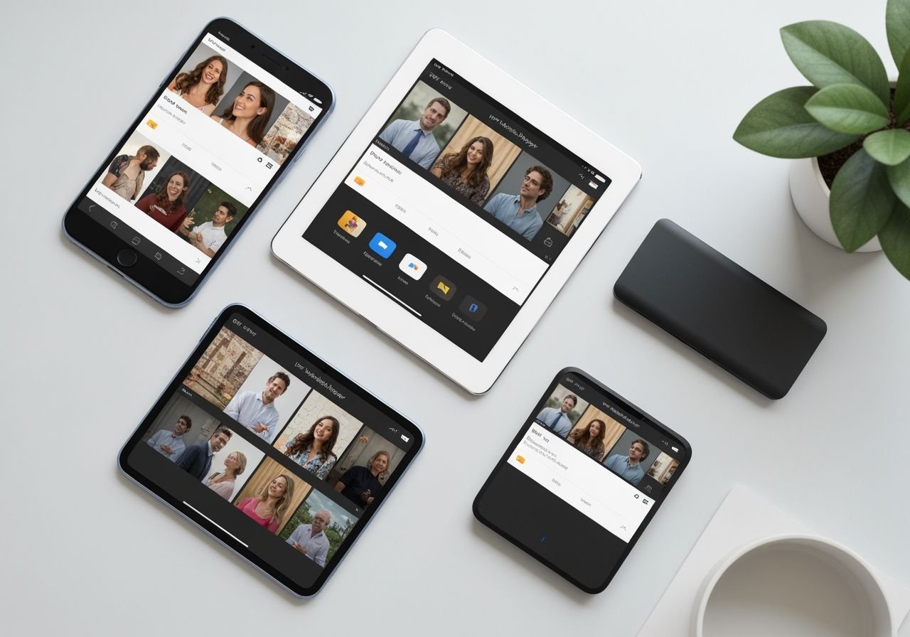 Plusieurs appareils mobiles synchronisés affichant la même application de lecture IPTV