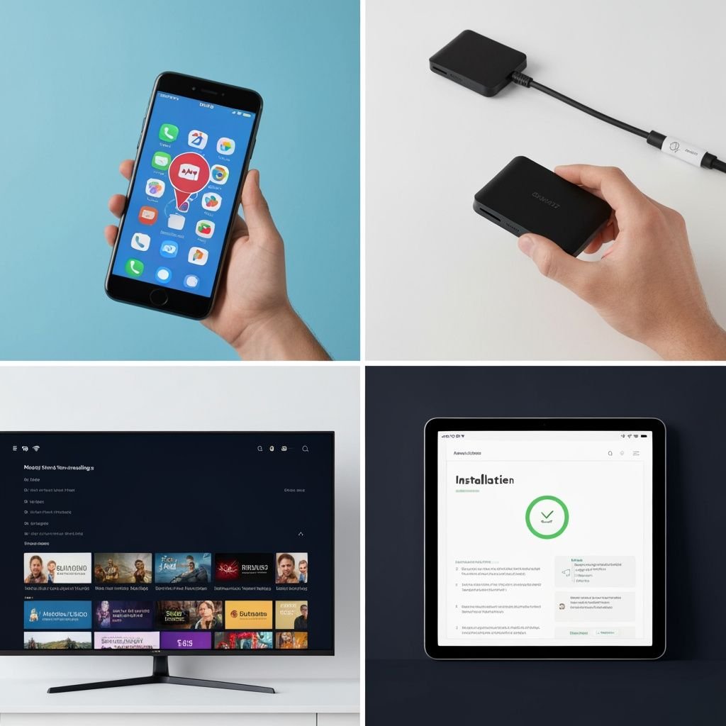 Quatre étapes d'installation : application mobile, appareil streaming, Smart TV et configuration sur tablette