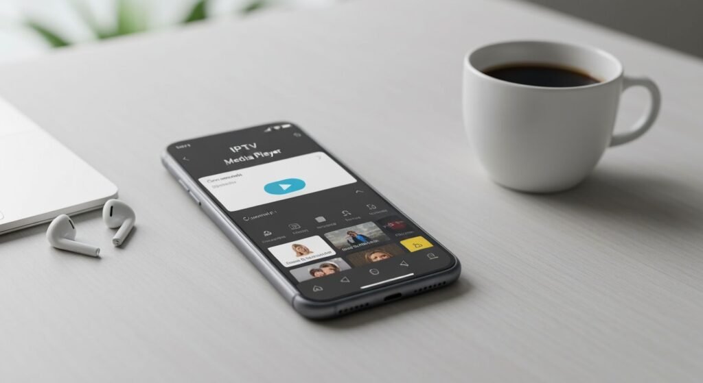 Application lecteur IPTV affichée sur écran de smartphone avec interface de lecture moderne