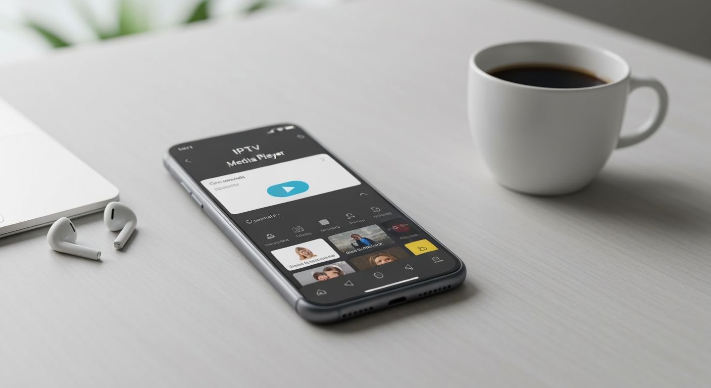 Application lecteur IPTV affichée sur écran de smartphone avec interface de lecture moderne