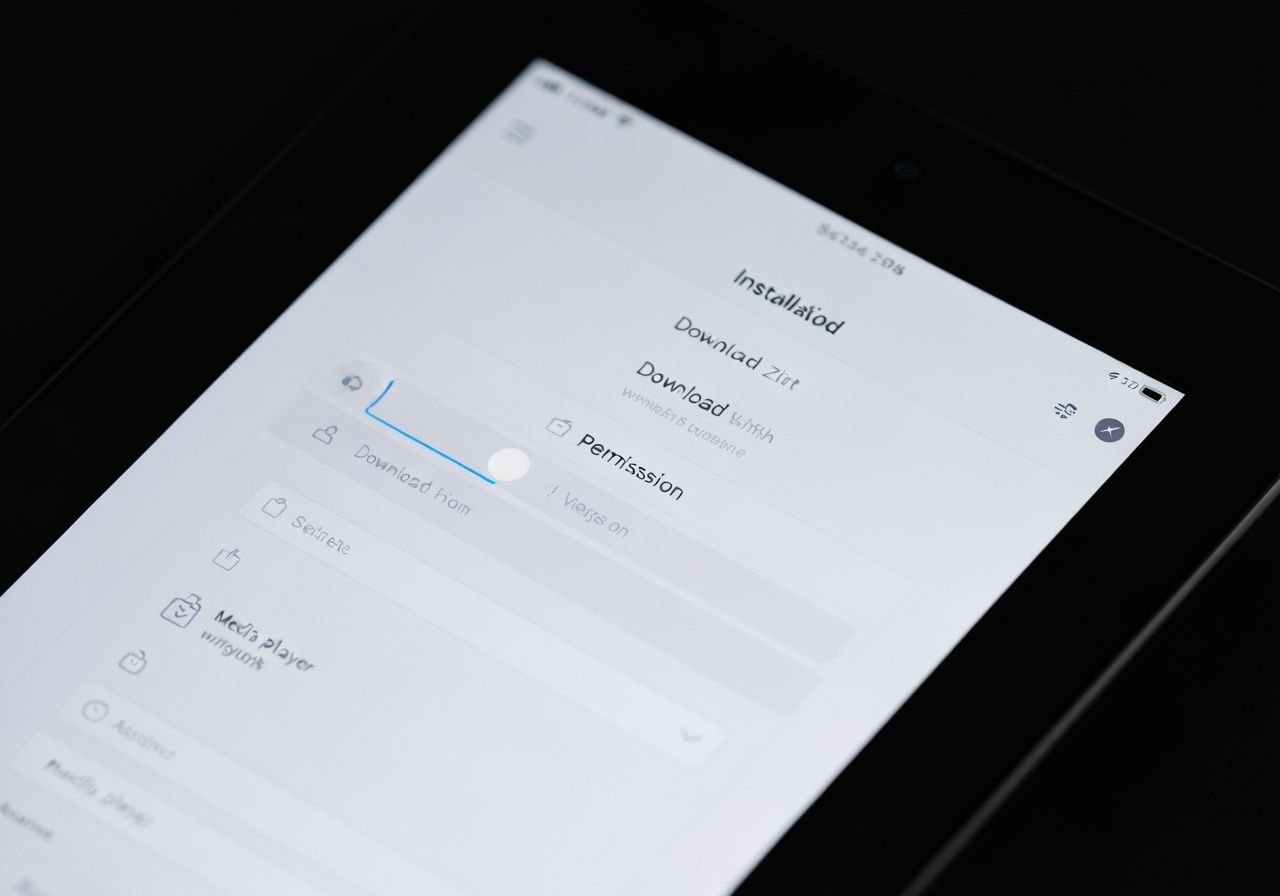 Écran d'installation avec barre de progression et paramètres de permissions pour application média